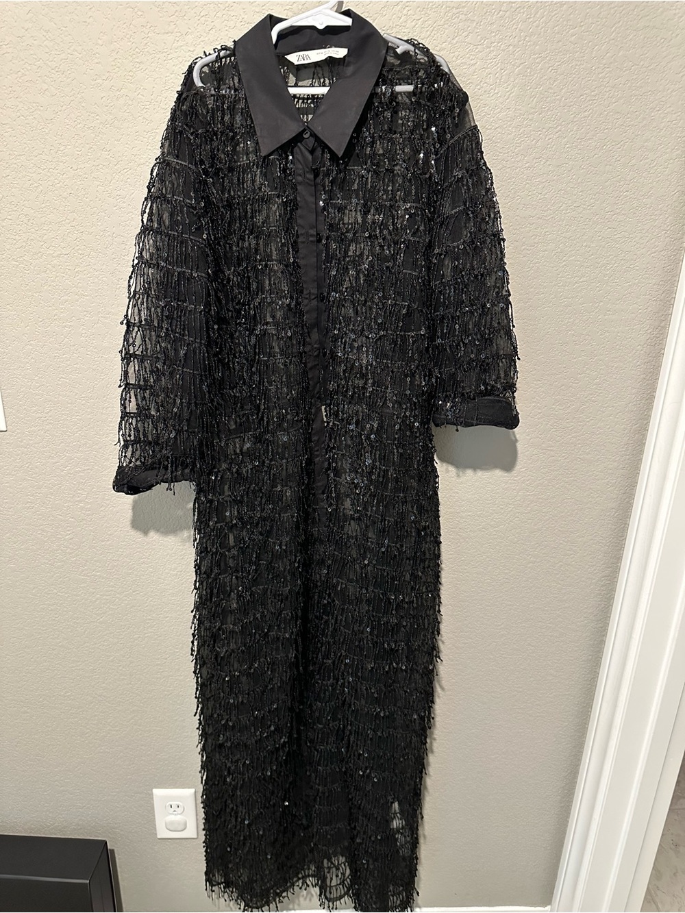 Zara Black Sequin-Trimmed Textured Long Trench Coat Limited edition